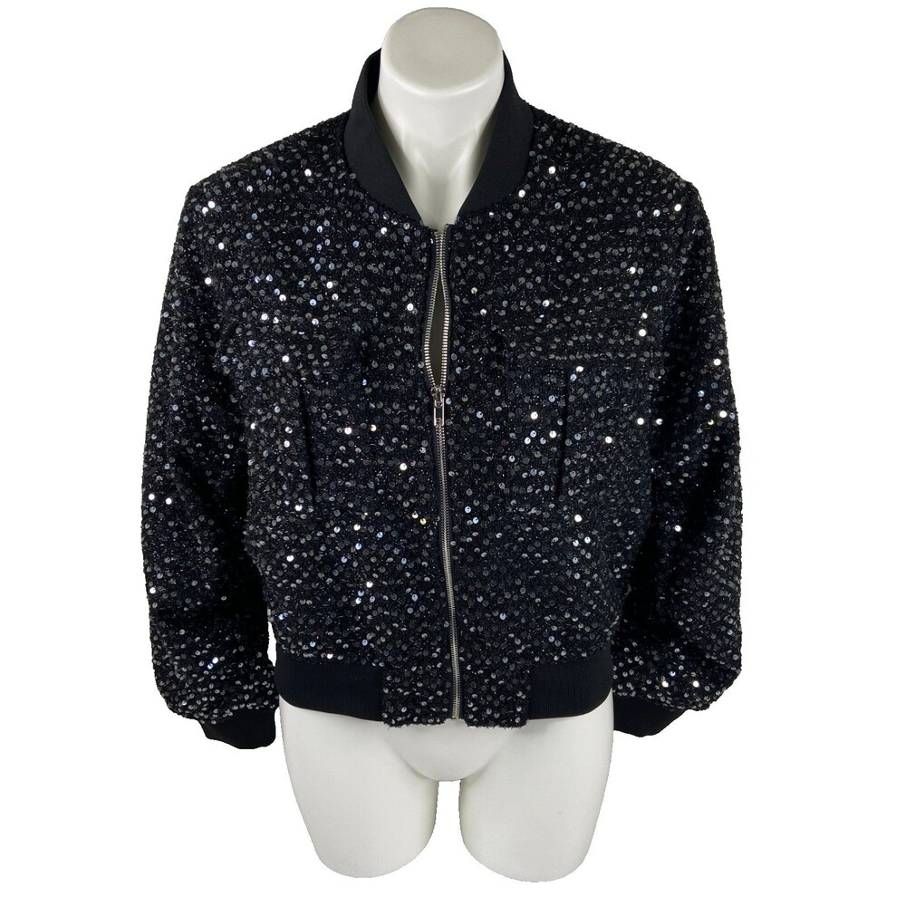 L Love Women Small Jacket Black Sequin Full Zip Bomber Style NWT